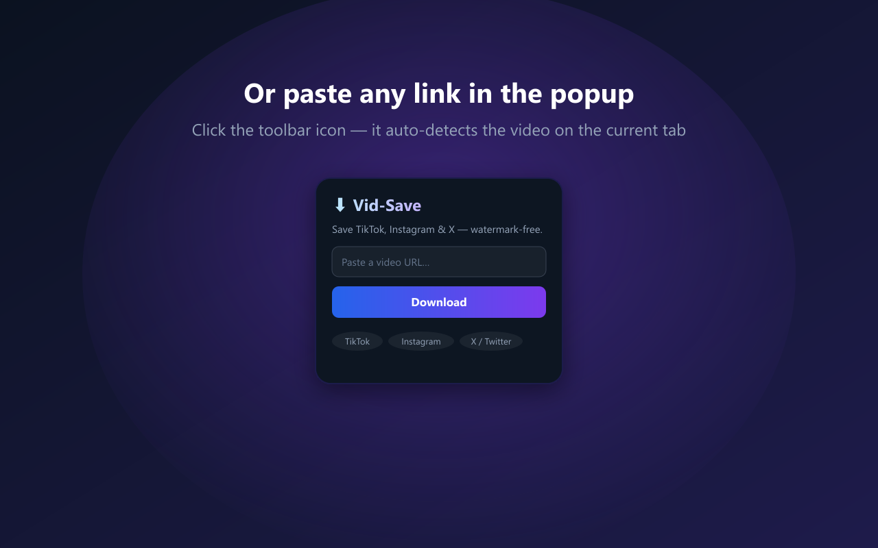 The Vid-Save extension popup pre-fills the current video URL